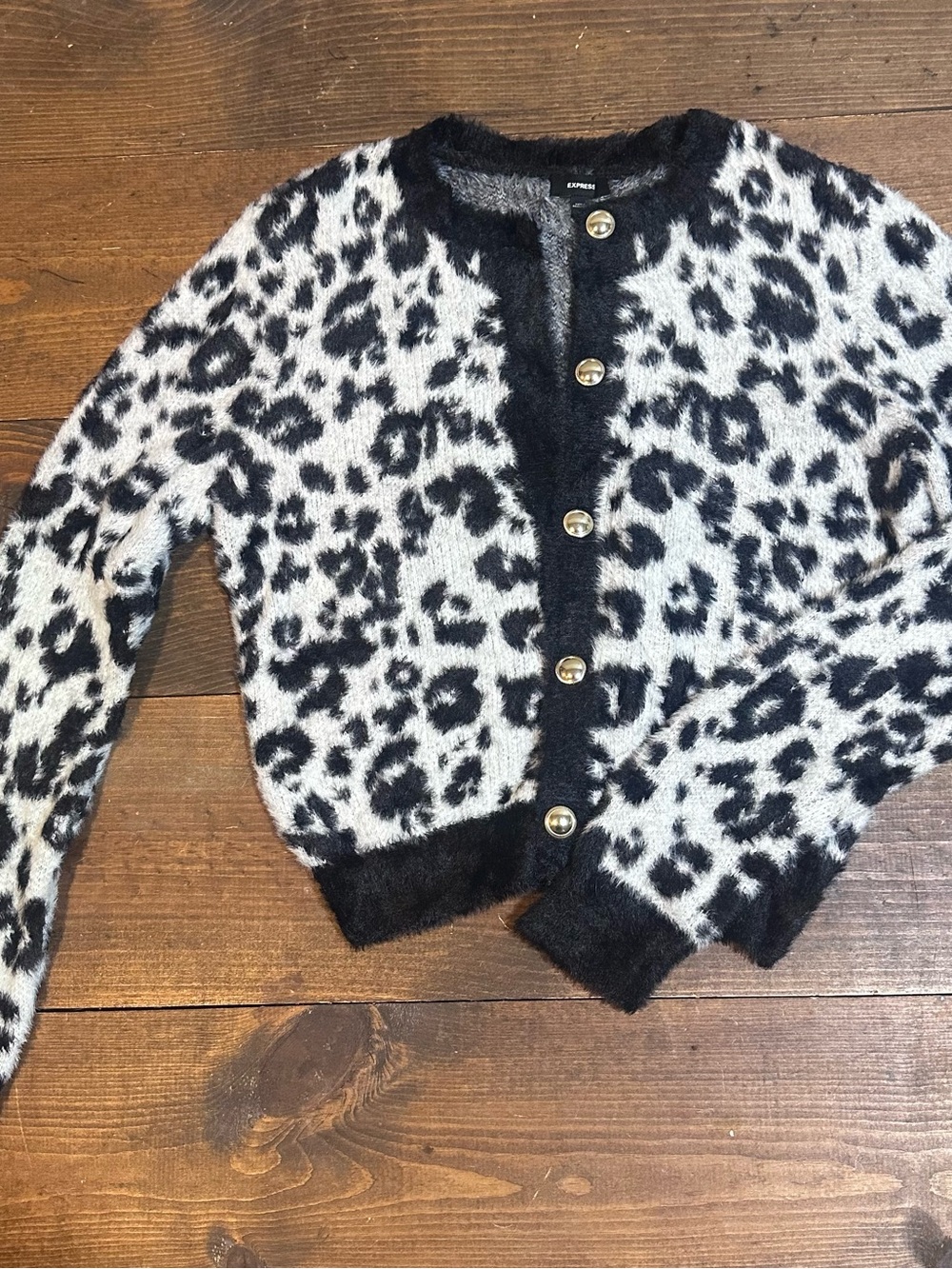 Express Black and White Leopard-Print Fuzzy Cardigan with Gold Buttons